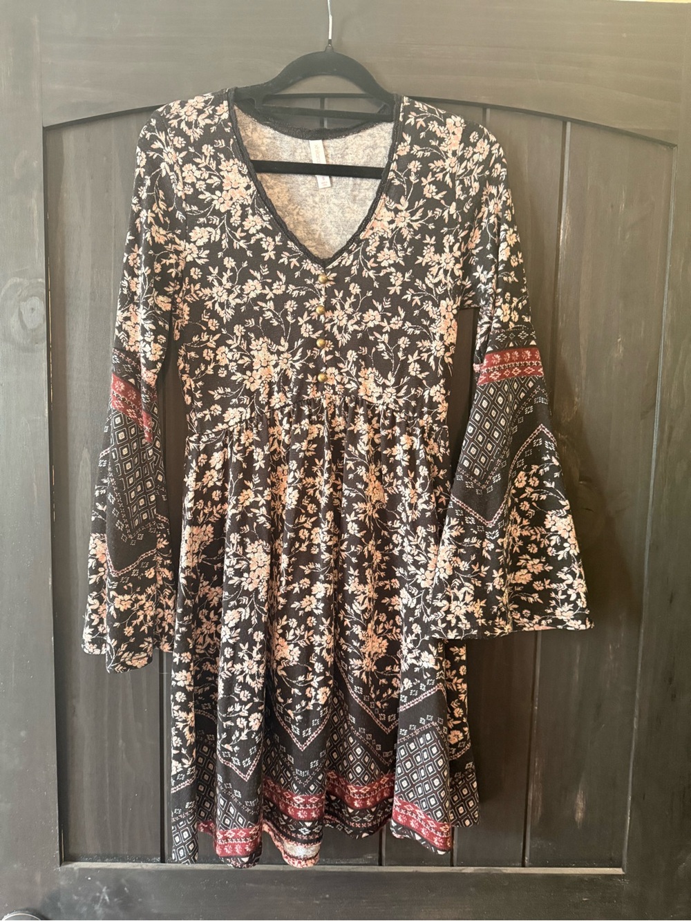 Xhilaration Black Floral V-Neck Bell Sleeve Dress with Rust Accent